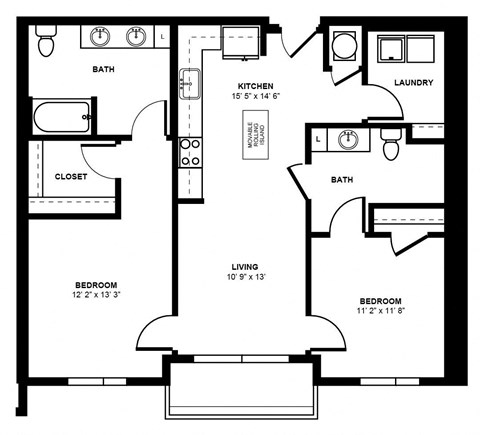 Floor plan for 2 beds, 2 baths, 1127 sqft